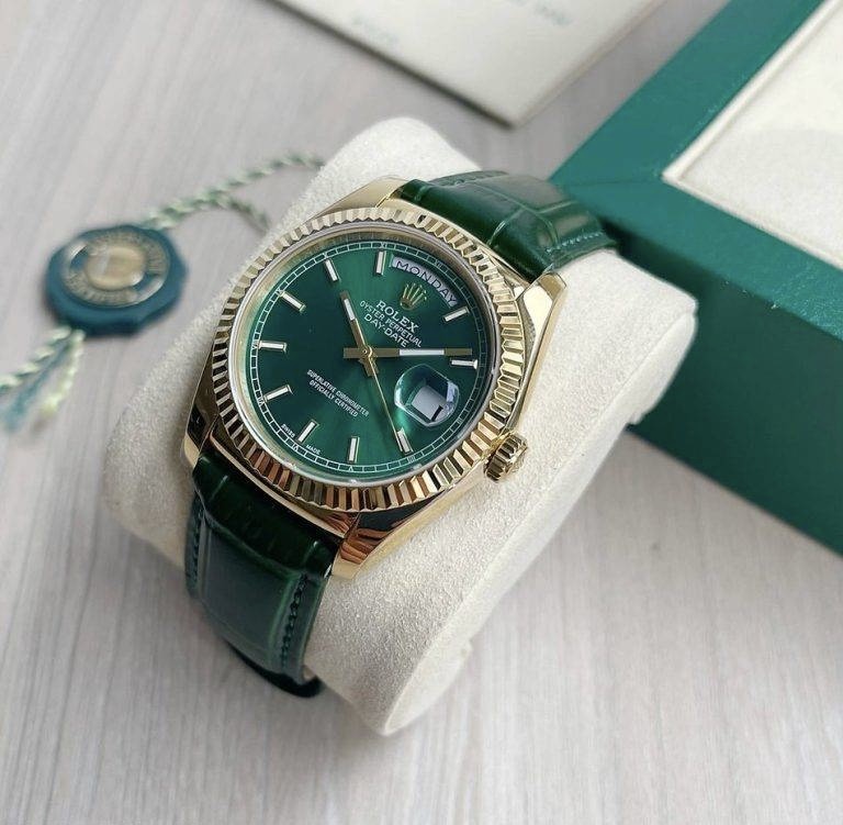 Rolex Prestige Day-Date Cadran Vert & Boîtier Or — Cuir vert effet crocodile